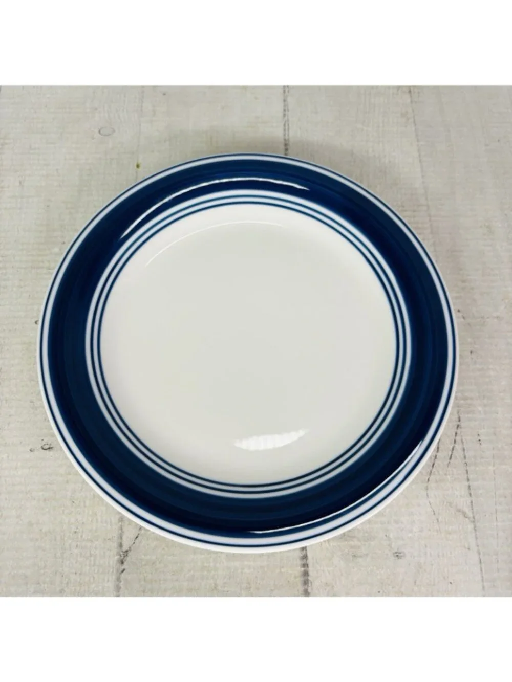 Mainstays CASUAL BANDED ROYAL BLUE Rings Stoneware White Salad Plates Set of 4